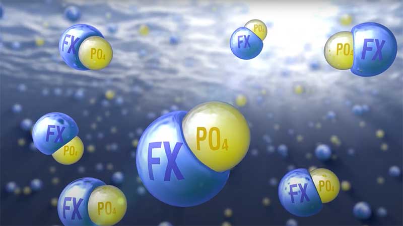 NeoWaterFX300 preferentially reacts with phosphorus to form a strong crystalline ionic bond, creating an insoluble precipitate: REPO4·H2O (Rhabdophane). NeoWaterFX300 achieves phosphorus removal at a 1:1 molar ratio of RE:PO4.