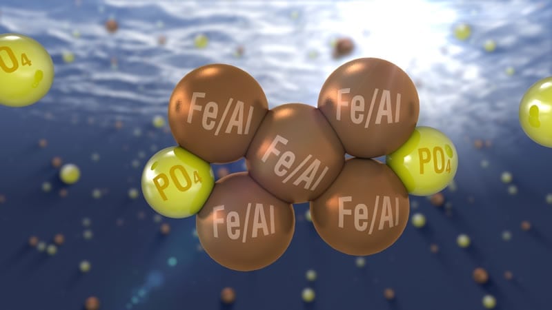 Image of Fe, Al and phosphorus molecules. Phosphorus removal from wastewater.